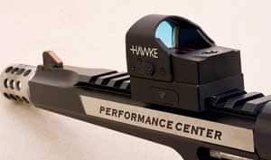 Red dot sights are a useful option that will extend your effective range. This Smith & Wesson .44 Magnum Hunter is purpose-built for hunting, with a longer barrel, factory-tuned trigger, muzzle brake, recoil absorbing grips, and an integral Picatinny rail that makes mounting the Hawke red dot sight a breeze.